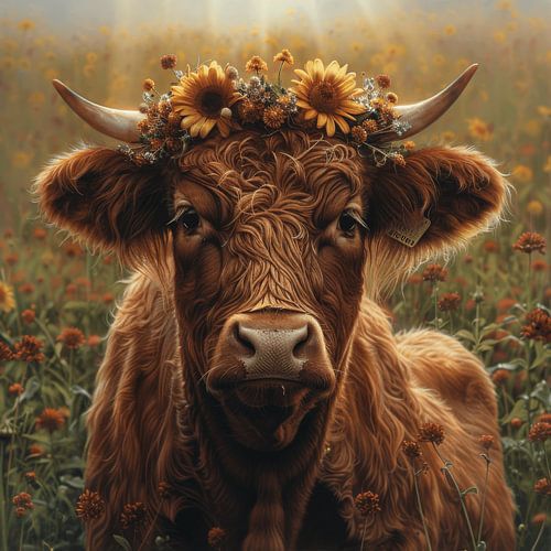 Koeienportret met zonnebloemkrans voor rustieke gezelligheid