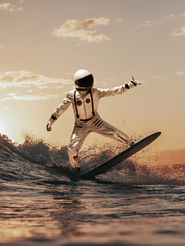 Space Surfer - Astronaut reitet auf einer Welle