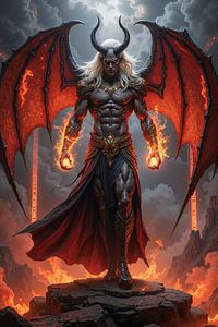 Dark Fantasy Wandbild: PYRAXION – Der blonde Dämon mit den brennenden Fäusten