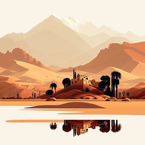 Marokkaanse oase landschap in minimal art stijl