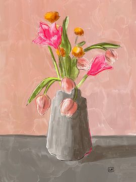 Tulpen schilderij in rose tinten. Bloemen schilderij. van Hella Maas