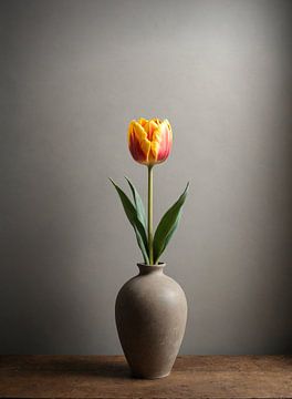 Rote/gelbe Tulpe in Steinvase von H.Remerie Fotografie und digitale Kunst
