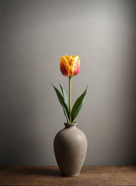 Rote/gelbe Tulpe in Steinvase von Hilde Remerie Fotografie und digitale Kunst