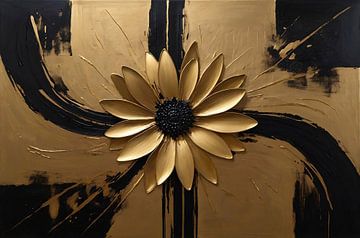 Golden Flower Abstract on Black Canvas by De Muurdecoratie