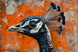 Realistische Malerei eines Pfaus mit abstraktem Hintergrund von Art & Soul Creations