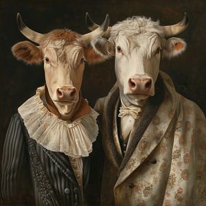 Kuh und Stier in altmodischer Kleidung