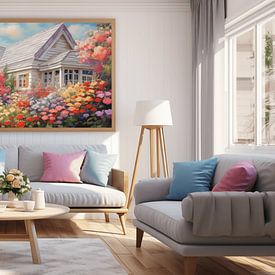 Moderne woonkamer in een huis met lenteachtig schilderij, witte bank en modern meubilair van Animaflora PicsStock