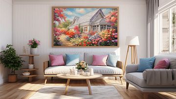 Moderne woonkamer in een huis met lenteachtig schilderij, witte bank en modern meubilair van Animaflora PicsStock
