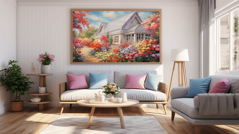 salon moderne dans une maison avec un tableau printanier, un canapé blanc et des meubles modernes par Animaflora PicsStock