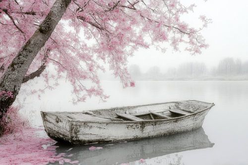 Landschap, met bloesems en een oude boot in het water - 
