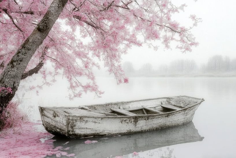 Landscape, with blossoms and an old boat in the water -  by Joriali photography and paintings
