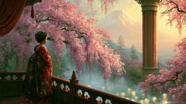 Geisha in Japan bei Sonnenuntergang über dem Fuji von Egon Zitter