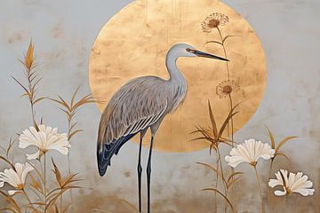 Japandi, Crane and Golden Moon by Caroline Guerain
