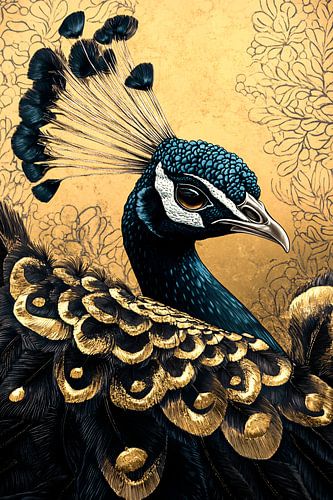 Pauw met goud op blauwe veren