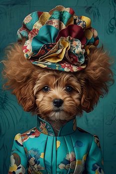 Elegant Poodle Portrait in Vintage Teal Floral Fashion and Fabric Hat
