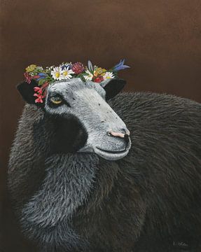 Schafsporträt mit Blumenkranz von Helga Pohlen - ThingArt