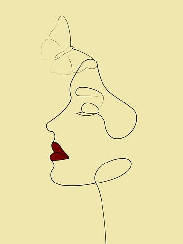 Touched by a Butterfly – Elegant Vrouwenportret met Vlinder | Lijntekening
