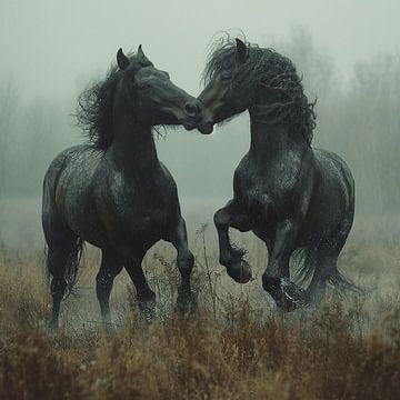 Frisian Joy - Chevaux dans la rosée du matin sur Karina Brouwer