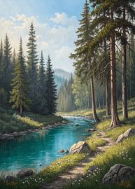 Idylle einer alpinen Wald- und Flusslandschaft von Artistic
