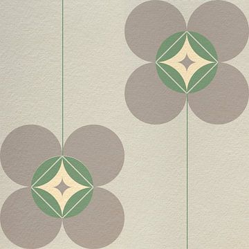 Von skandinavischem Retro-Design inspirierte Blumen und Blätter in Hellgrau, Grün und Weiß von Dina Dankers