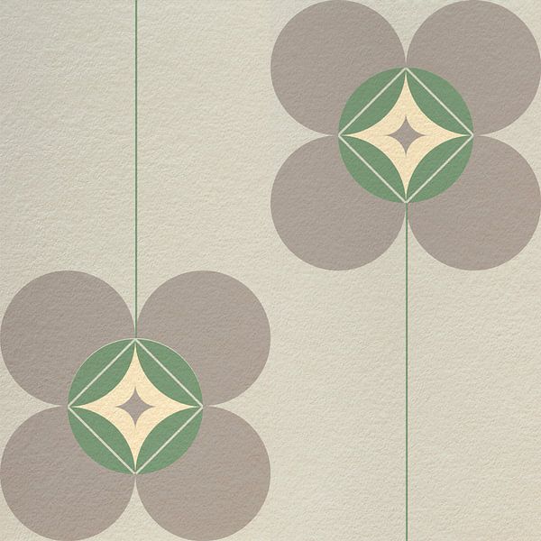 Retro Scandinavisch design geïnspireerd bloemen en bladeren in lichtgrijs, groen, wit van Dina Dankers
