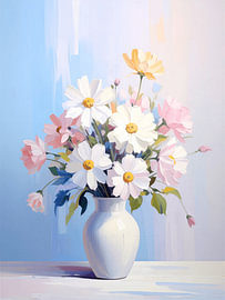 Ein bezauberndes, modernes Stillleben mit einem Blumenstrauß in sanften Farbtönen in einer weißen Vase von STUDIO ARTSY