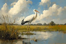 Weißstorch in ruhiger Feuchtlandschaft von NJ Midnight Studio