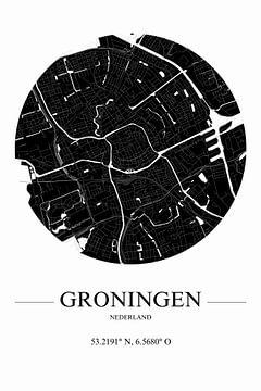 Black-and-white stylised map of Groningen by De Muurdecoratie