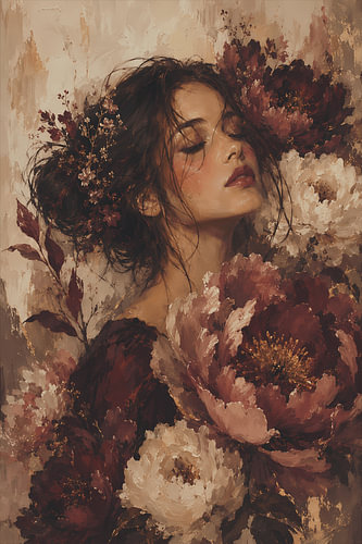 Dreamy Woman Among Burgundy Peonies