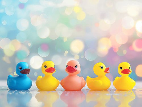 Colourful rubber ducks in a row