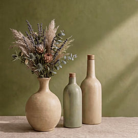 Still life with ceramic vases and an olive branch by STUDIO ARTSY
