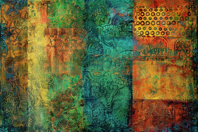 Abstract schilderij, groen met herfstkleuren  van Joriali Abstract