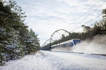 Een sprinter van de NS onder de 'Gotische bogen' met sneeuw van Stefan Verkerk fotografie