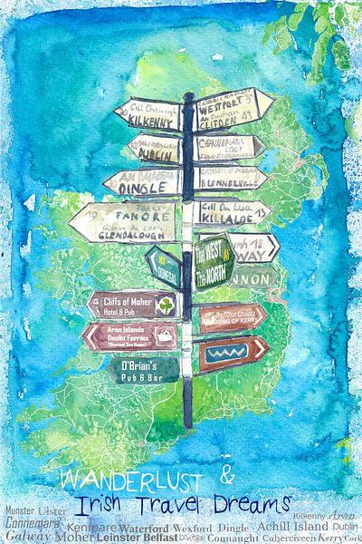 Fernwehwegweiser Irland mit Inselhintergrund von Markus Bleichner