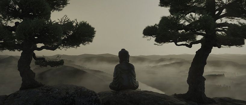 Back of a seated Buddha statue in front of a misty mountain landscape by Besa Art