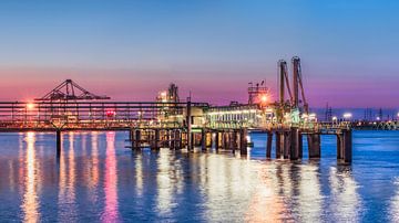 Verlichte pier bij een kleurrijke zonsondergang, Haven van Antwerpen van Tony Vingerhoets