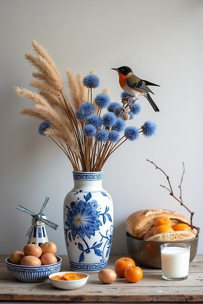 Delfter Blau Küchenstillleben mit Vogel, Mandarinen und Windmühle von Kleurenrijk
