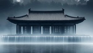 Panorama eines japanischen Tempels und eines Wasserfalls