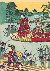 Femmes dans un bateau avec des iris en fleurs.