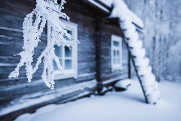 Houten huisje in sneeuw landschap