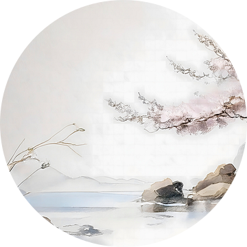 Japandi Art. Japans ZEN landschap met sakura boom.