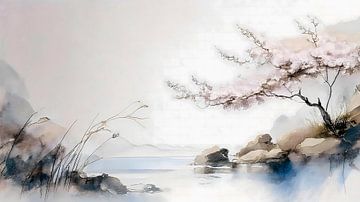 ZEN  schilderij: Japans landschap met sakura boom. van Studio Pieternel