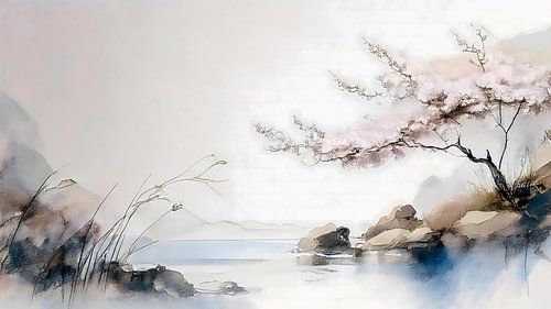 Japandi Art. Japans ZEN landschap met sakura boom.