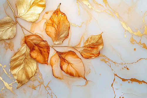 Gouden herfstbladeren op beige