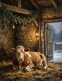 Weihnachtskuh – Vintage-Wandbild im Landhausstil von haroulita