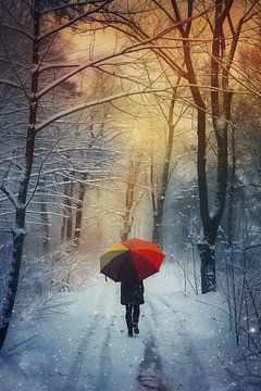 Forêt d'hiver, parapluie multicolore sur fernlichtsicht