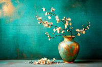 Stilleven schilderij. Eenvoudige Elegantie. Vaas met kersenbloesem - Japandi stijl - 3