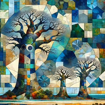 Collage/mozaïek Afrikaanse levensboom geflankeerd door 2 kleine baobabs in blauw van Lois Diallo