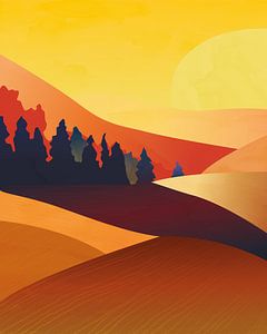 Abstrakte Landschaft mit Feldern bei Sonnenuntergang