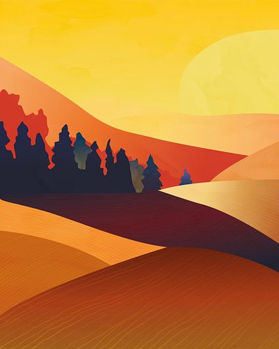 Abstract landschap met velden bij zonsondergang